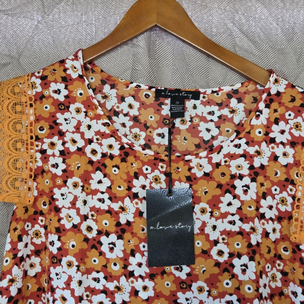 A Love Story Dress Womens 2X Orange Floral Flutter Sleeve Round Neck Swing Short